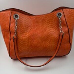 Women's Faux Leather Orange Tote Bag with Textured Snakeskin Pattern